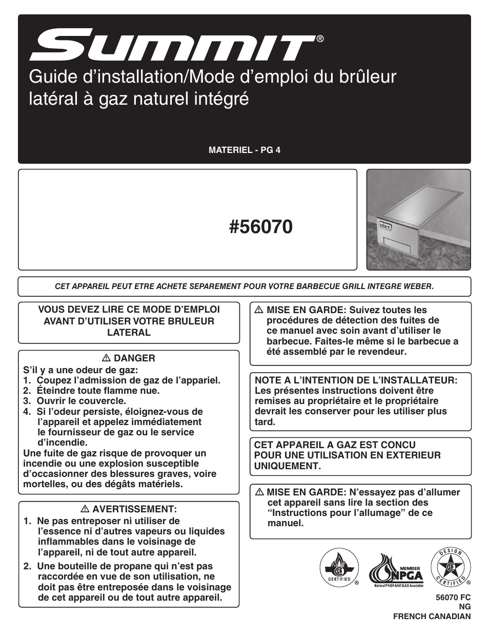 Built-in lp side burner installation/owner's guide | weber 56070 User Manual | Page 30 / 44