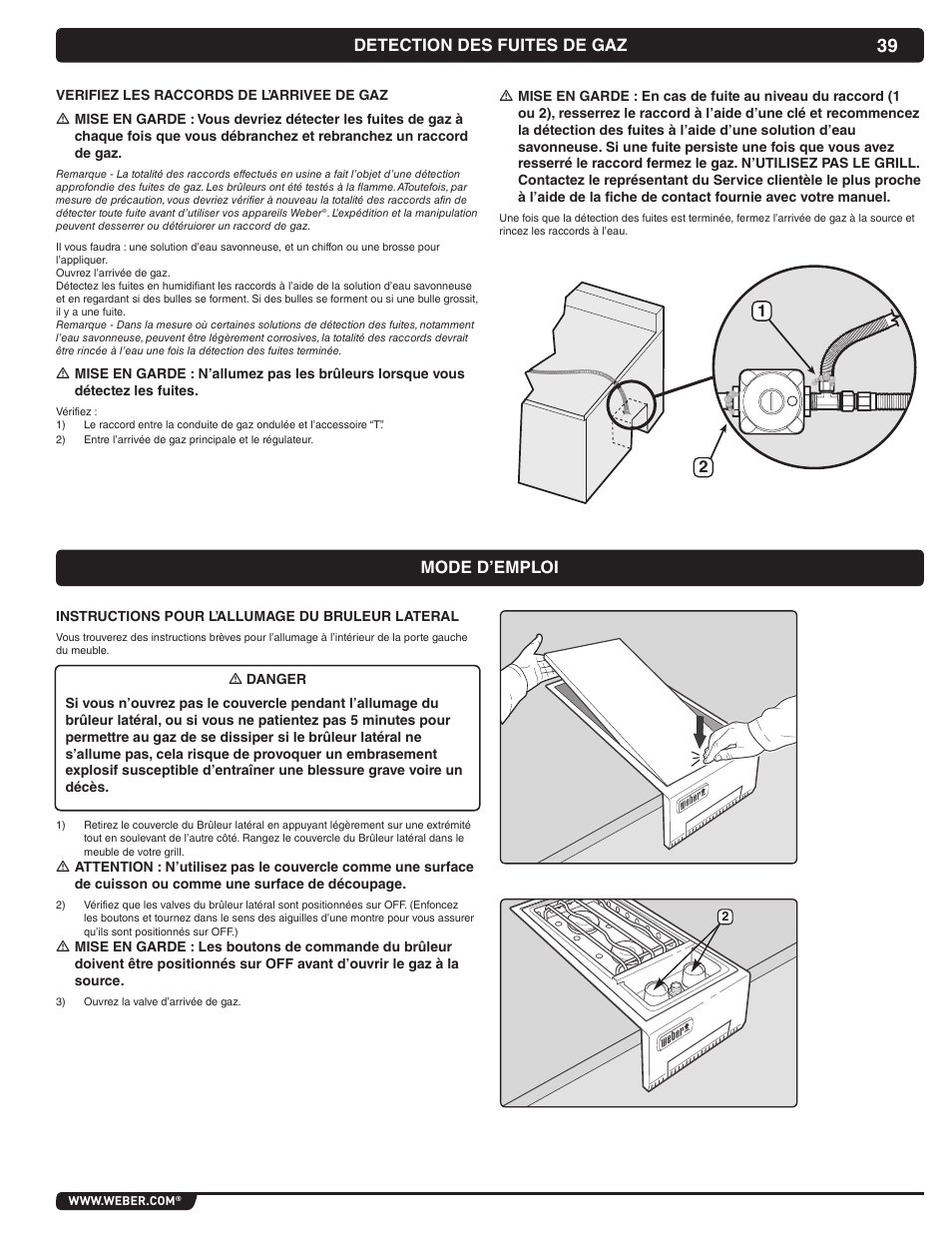 Detection des fuites de gaz, Mode d’emploi | weber 56070 User Manual | Page 39 / 44