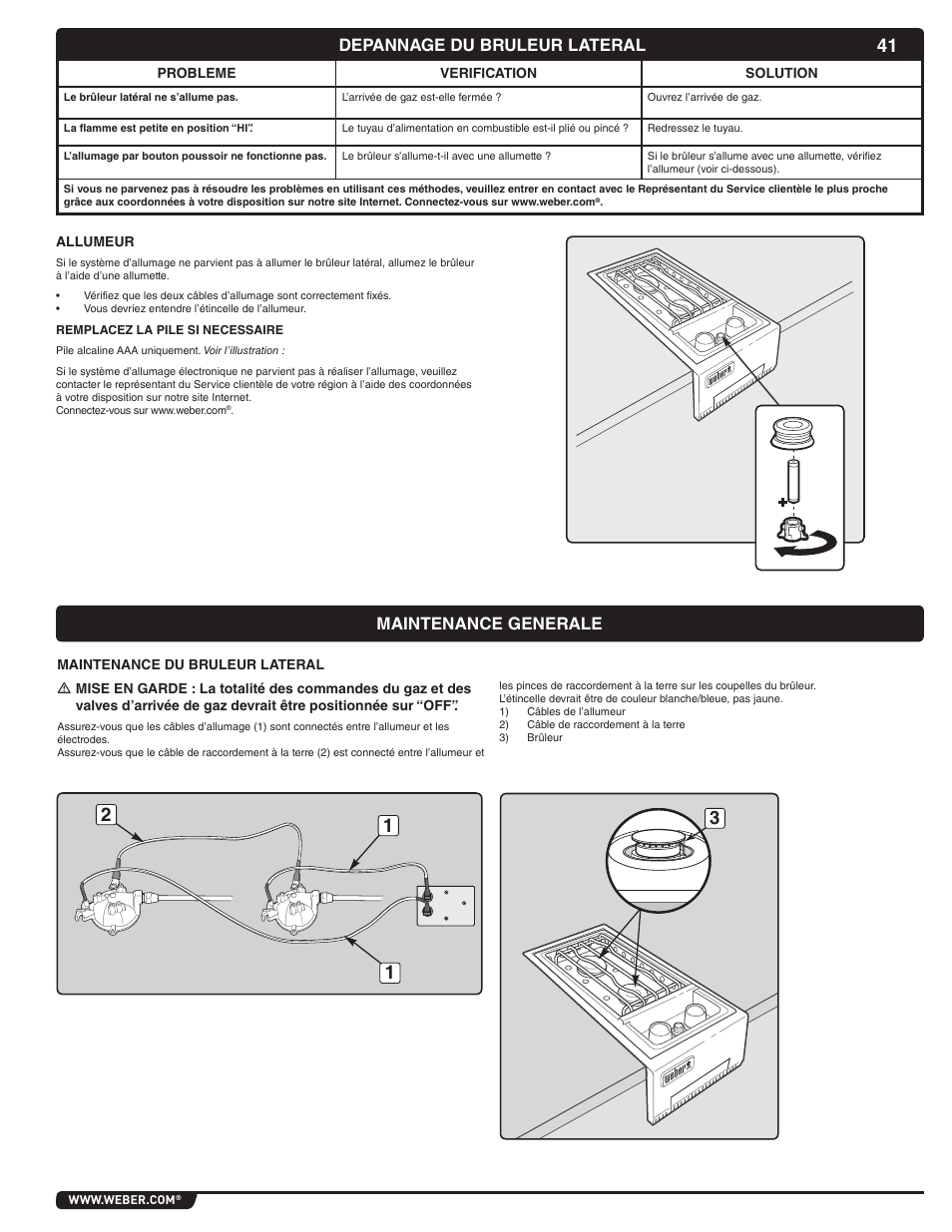 Depannage du bruleur lateral, Maintenance generale | weber 56070 User Manual | Page 41 / 44