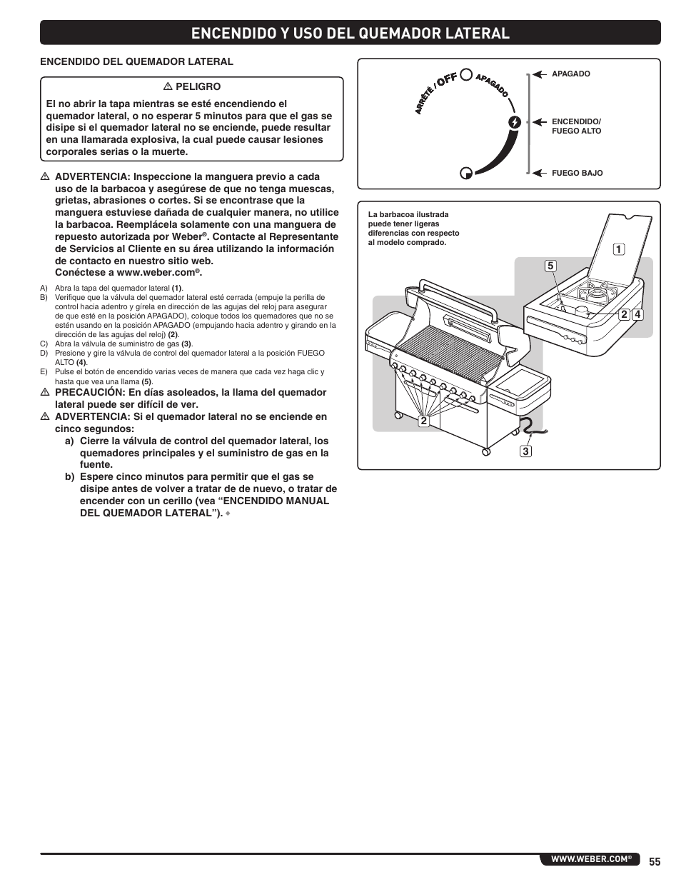 Encendido y uso del quemador lateral | weber Summit 56206 User Manual | Page 55 / 108