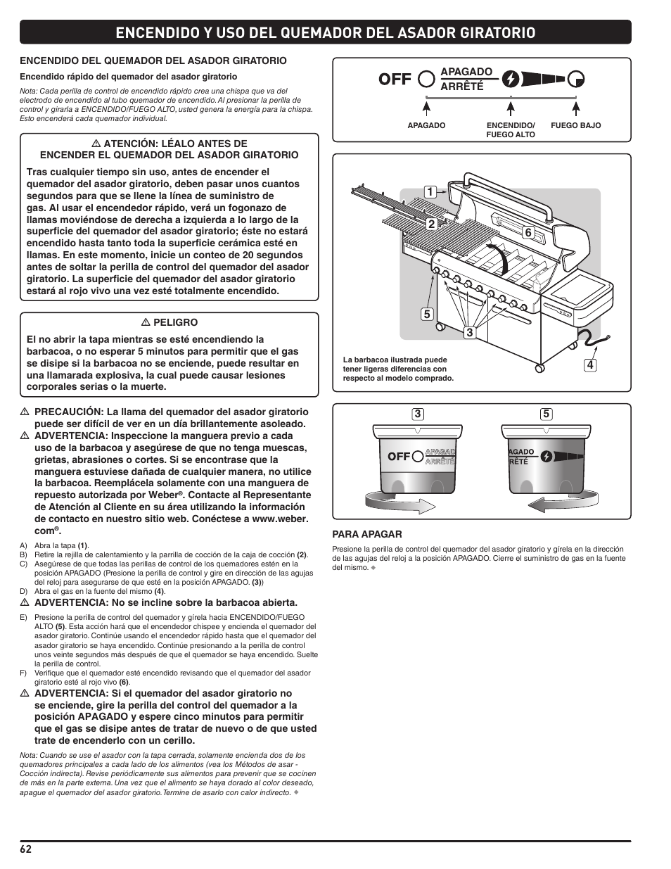 Encendido y uso del quemador del asador giratorio | weber Summit 56206 User Manual | Page 62 / 108