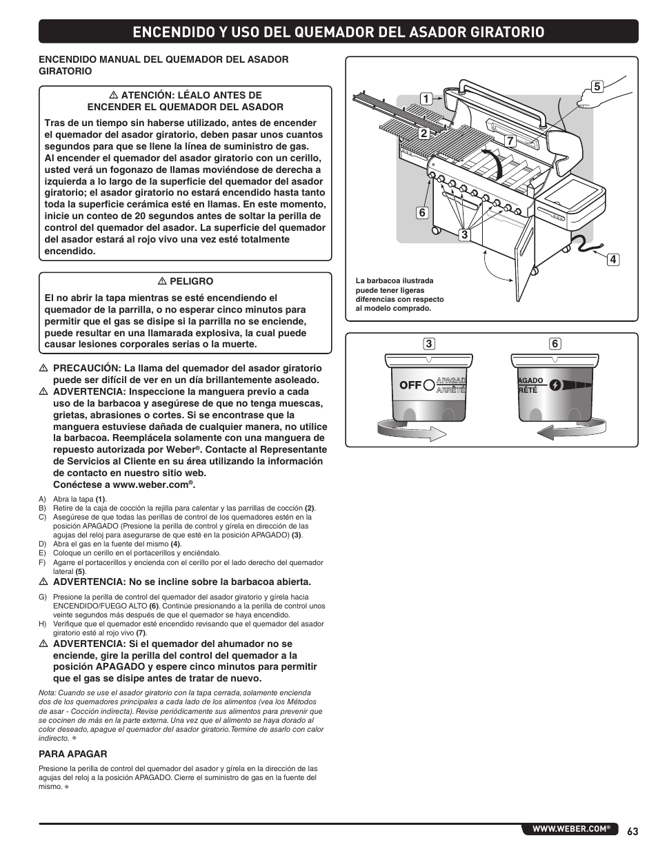 Encendido y uso del quemador del asador giratorio | weber Summit 56206 User Manual | Page 63 / 108