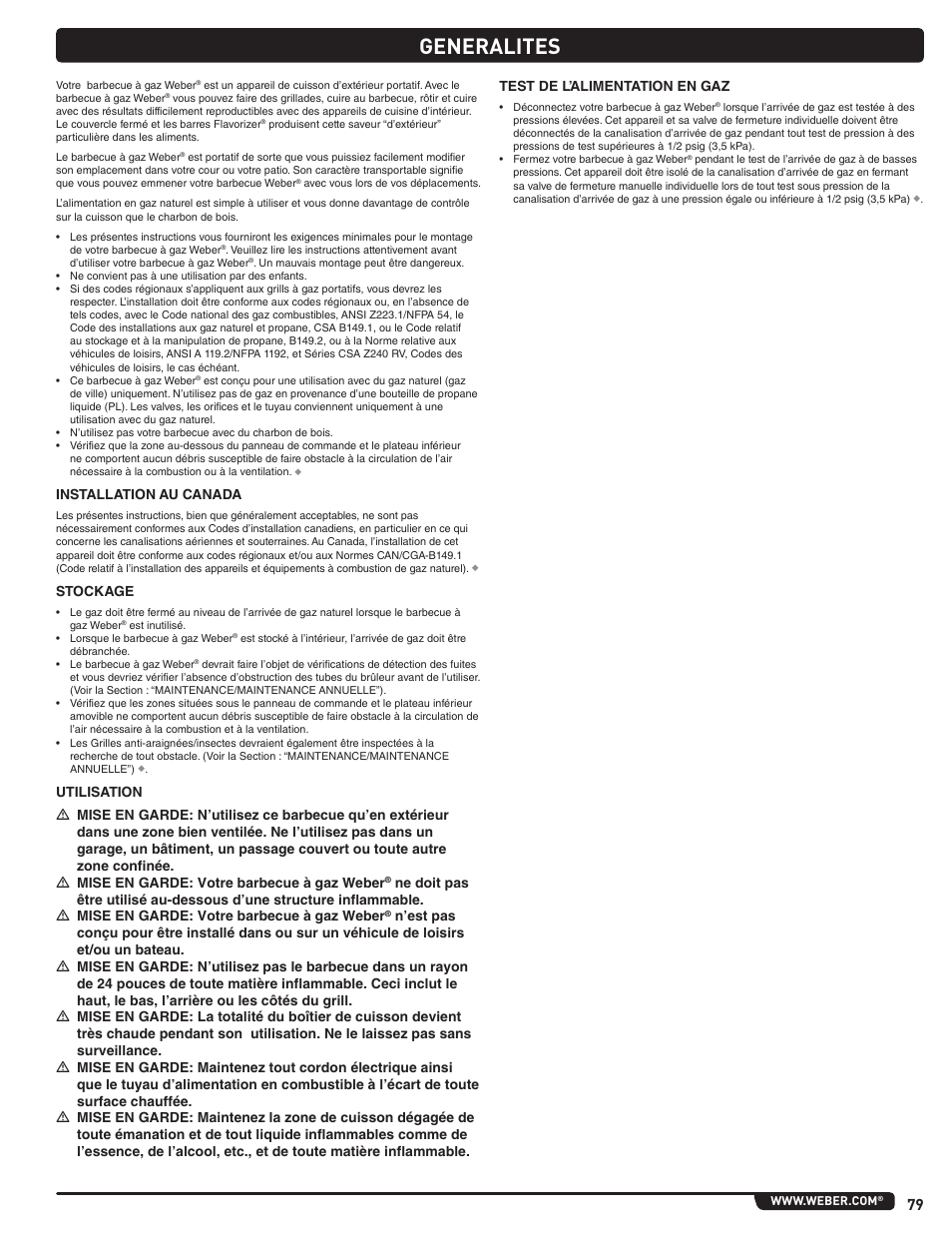 Generalites, Installation au canada, Stockage | weber Summit 56206 User Manual | Page 79 / 108
