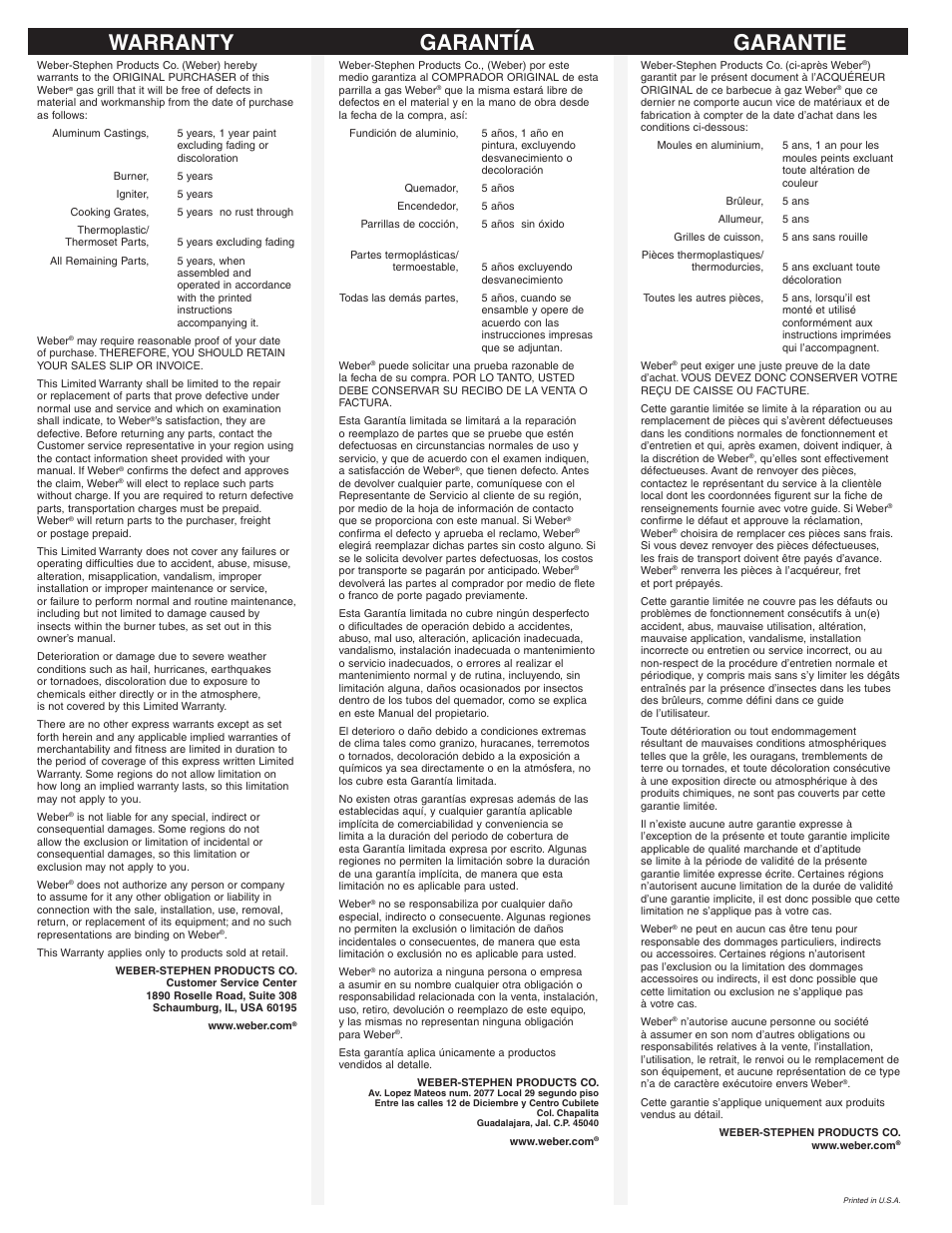 Warranty garantía garantie | weber 41894 User Manual | Page 16 / 16