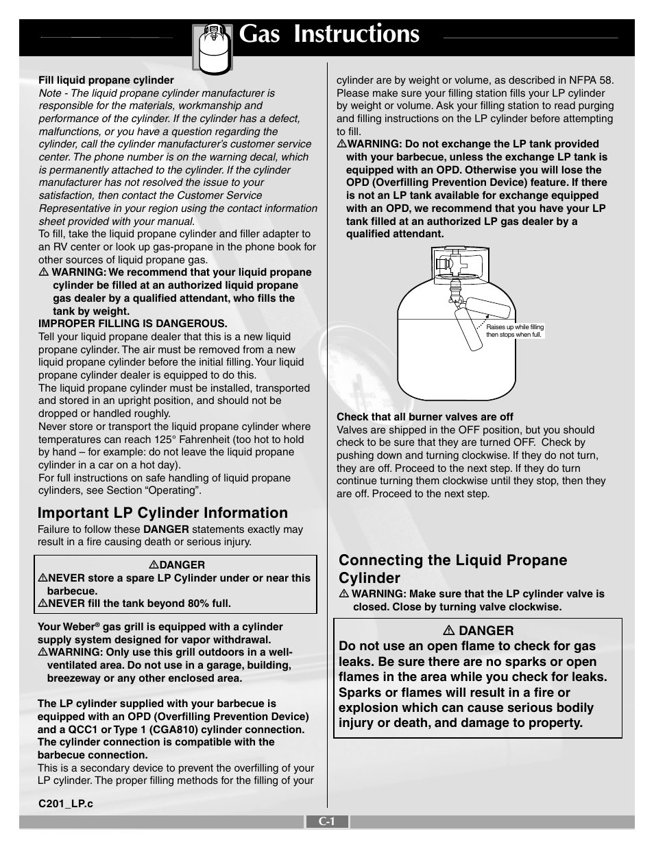 Gas instructions, Important lp cylinder information, Connecting the liquid propane cylinder | weber Genesis Silver B 55259 User Manual | Page 20 / 29