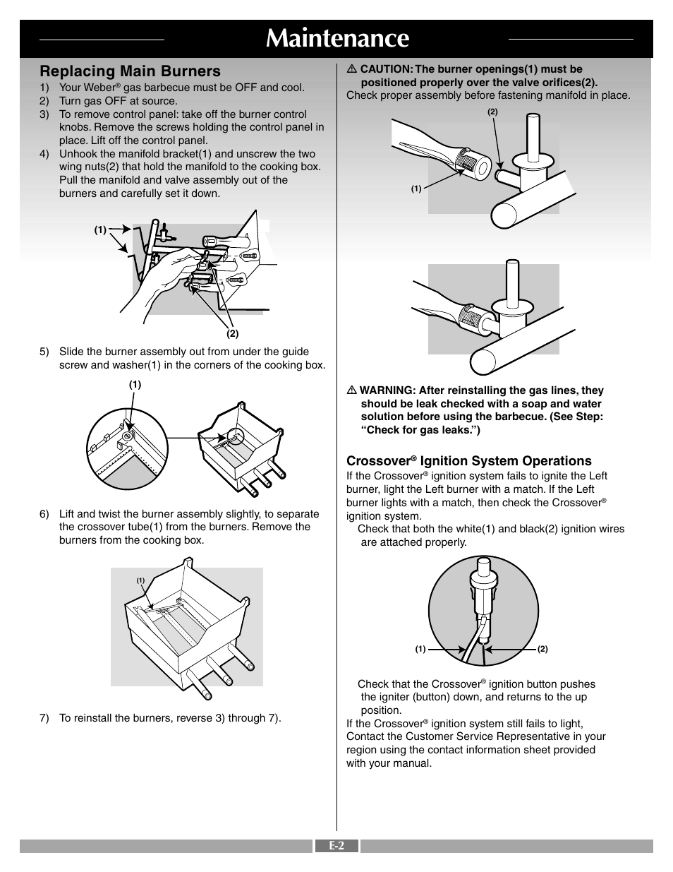 Maintenance, Replacing main burners, Crossover | Ignition system operations | weber Genesis Silver B 55259 User Manual | Page 29 / 29