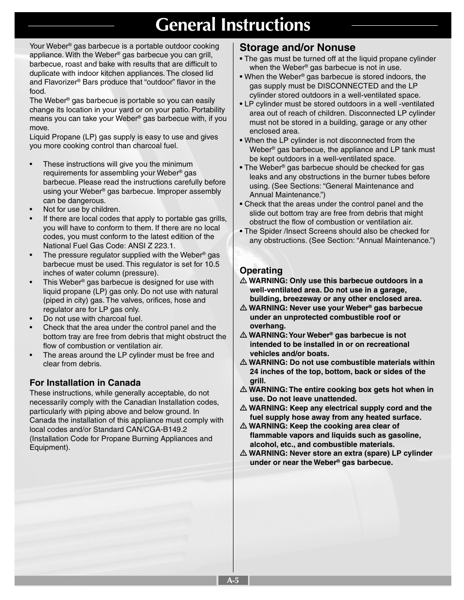 General instructions, Storage and/or nonuse, For installation in canada | Operating | weber Genesis Silver B 55259 User Manual | Page 5 / 29