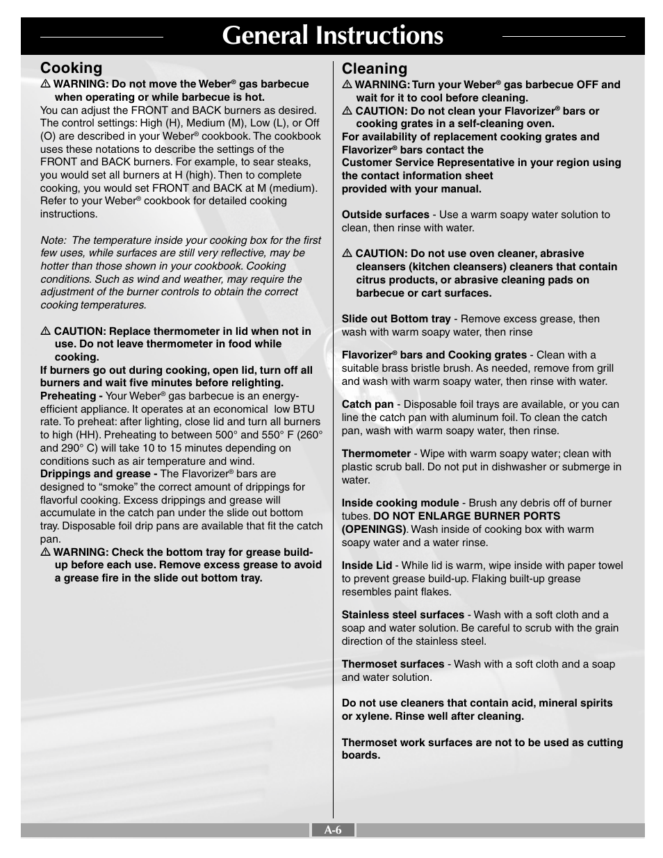 General instructions, Cooking, Cleaning | weber Genesis Silver B 55259 User Manual | Page 6 / 29