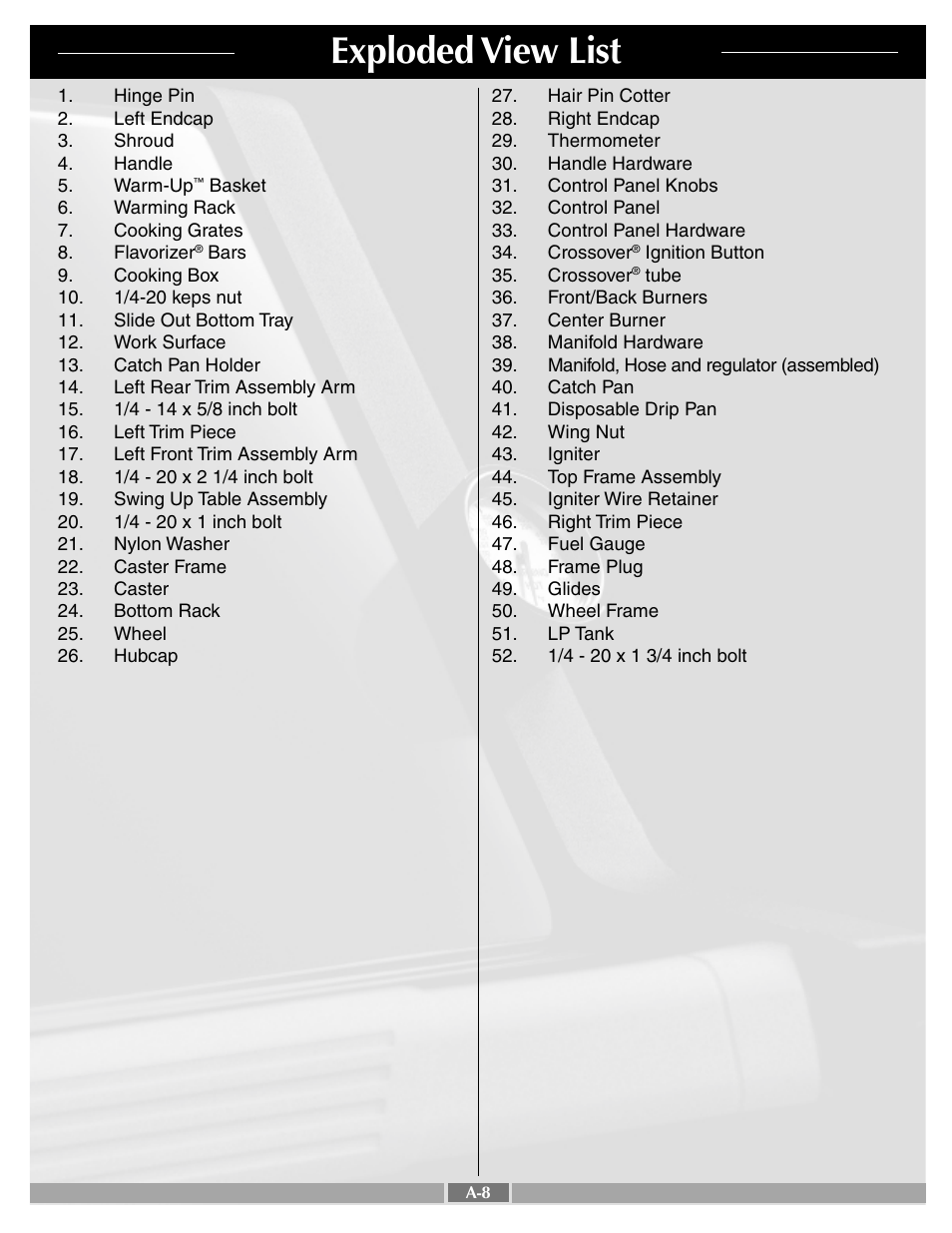 Exploded view list | weber Genesis Silver B 55259 User Manual | Page 8 / 29