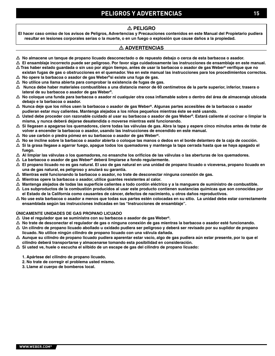 Peligros y advertencias | weber SP - 210 User Manual | Page 15 / 40