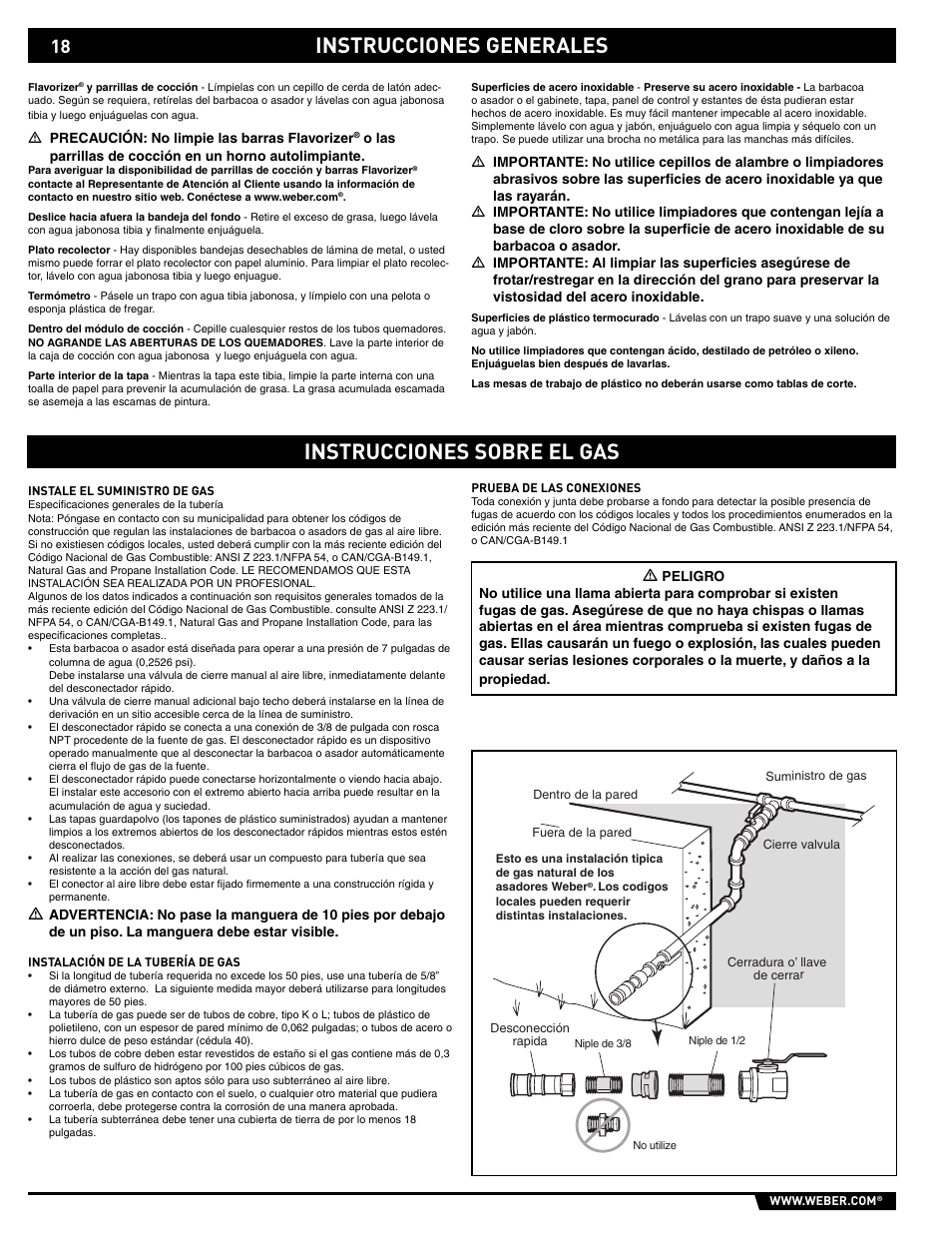 Instrucciones generales instrucciones sobre el gas | weber SP - 210 User Manual | Page 18 / 40