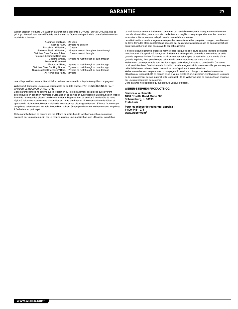 Garantie | weber SP - 210 User Manual | Page 27 / 40