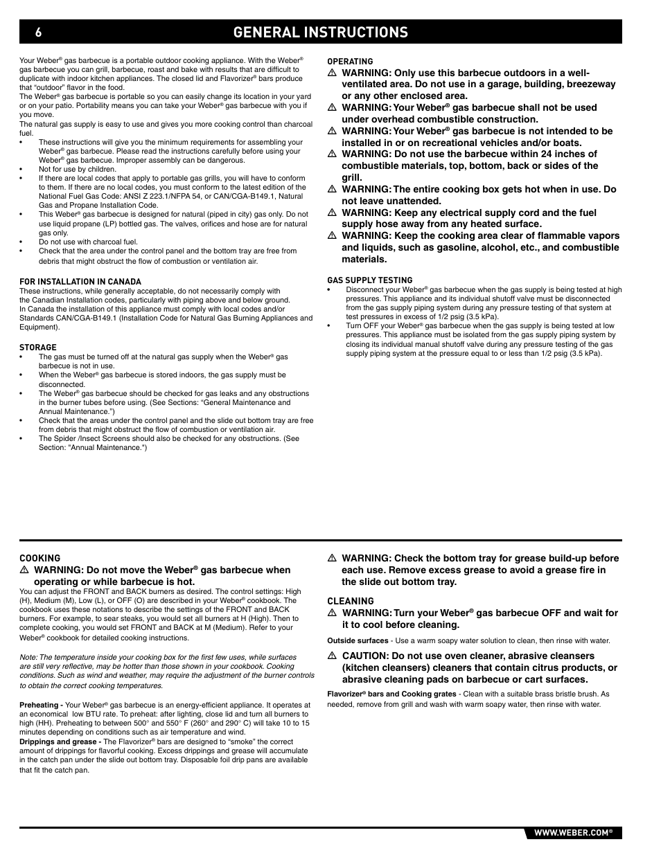 General instructions, Cooking ƽ warning: do not move the weber, Cleaning ƽ warning: turn your weber | weber SP - 210 User Manual | Page 6 / 40
