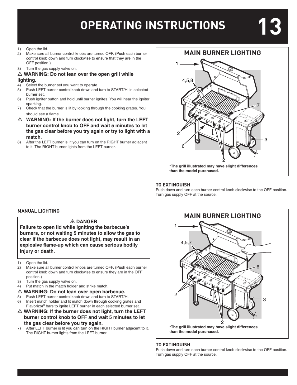 Operating instructions, Main burner lighting | weber 38044 User Manual | Page 13 / 32