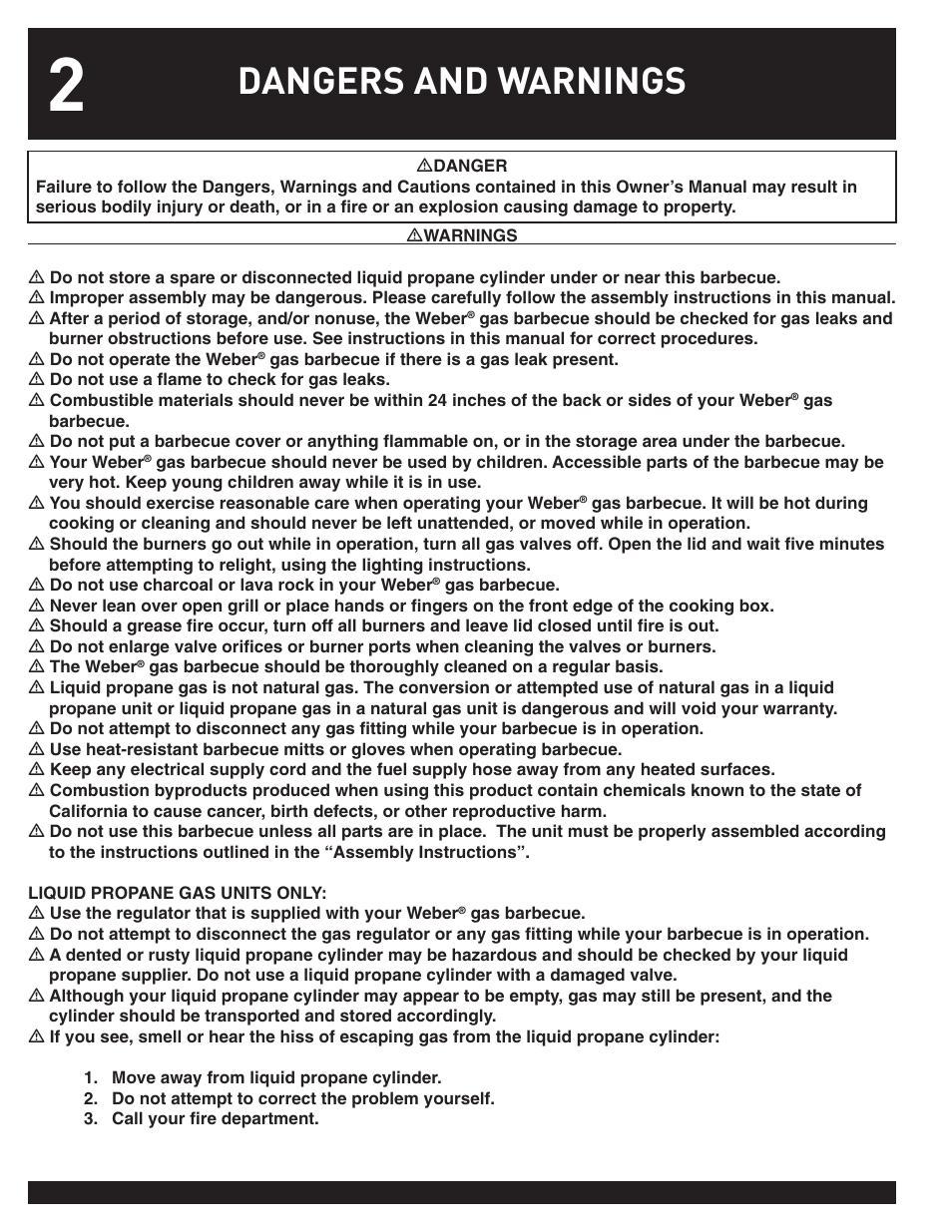 Dangers and warnings | weber 38044 User Manual | Page 2 / 32