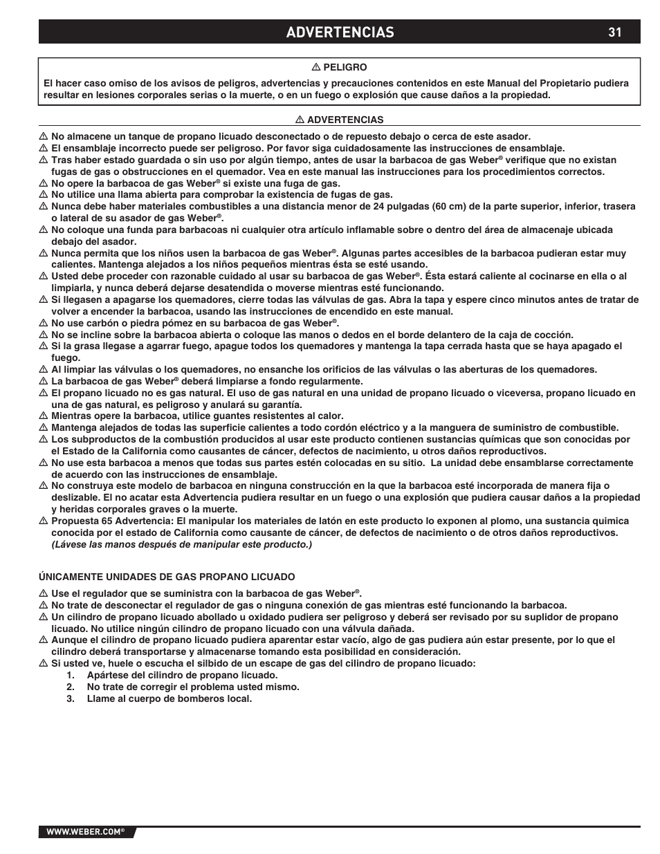 Advertencias | weber S-470TM User Manual | Page 31 / 84
