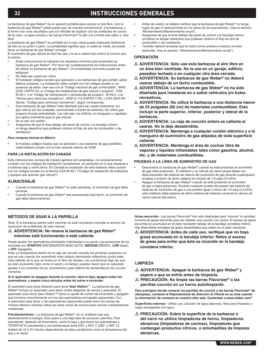 Instrucciones generales, Almacenaje, O las parrillas cocción en un horno autolimpiante | Métodos de asar a la parrilla, Ƽ advertencia: no mueva la barbacoa de gas weber, Mientras esté funcionando o esté caliente | weber S-470TM User Manual | Page 32 / 84