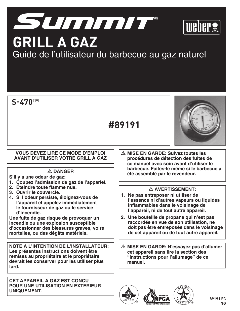 Grill a gaz, Guide de l’utilisateur du barbecue au gaz naturel, S-470 | weber S-470TM User Manual | Page 56 / 84
