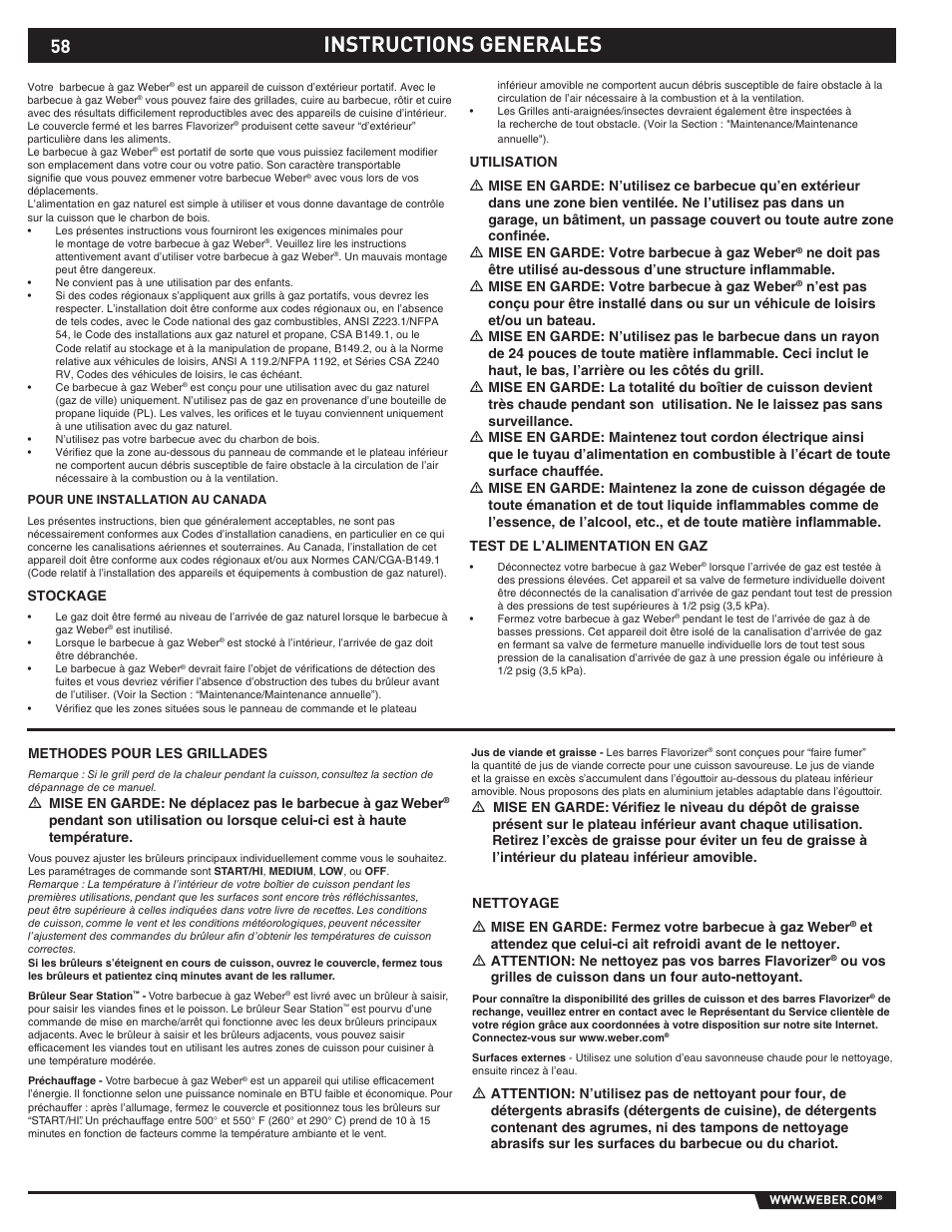 Dangers and warnings, Instructions generales | weber S-470TM User Manual | Page 58 / 84