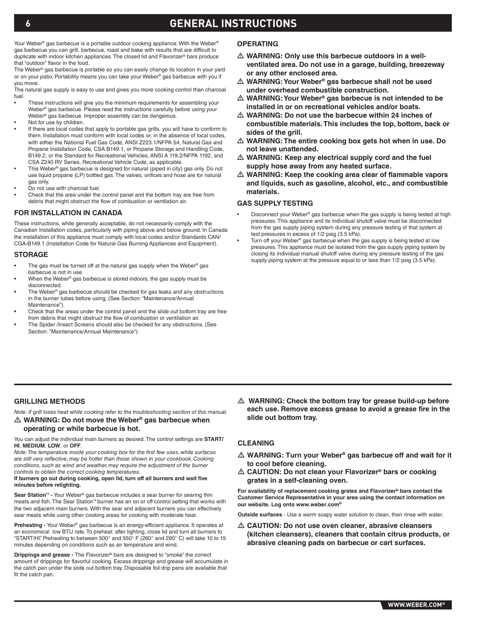 General instructions, Cleaning ƽ warning: turn your weber, Bars or cooking grates in a self-cleaning oven | Grilling methods, Ƽ warning: do not move the weber, For installation in canada, Storage | weber S-470TM User Manual | Page 6 / 84