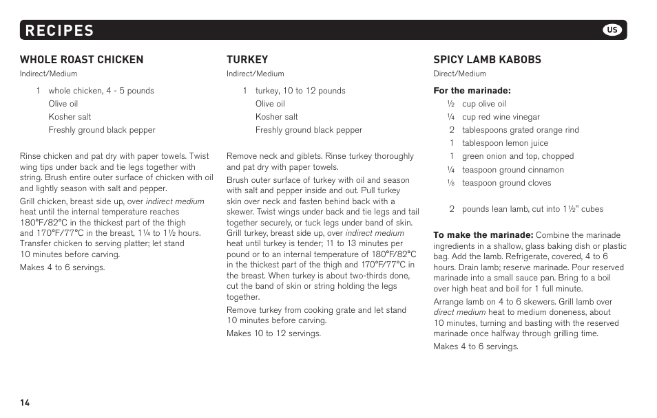 Recipes, Whole roast chicken, Turkey | Spicy lamb kabobs | weber 62620 User Manual | Page 14 / 48