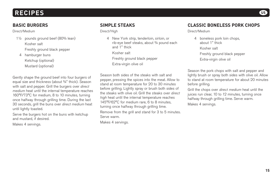 Recipes, Basic burgers, Simple steaks | Classic boneless pork chops | weber 62620 User Manual | Page 15 / 48