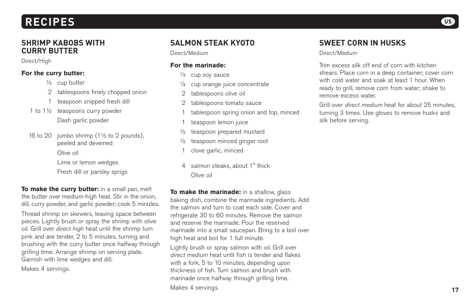 Recipes, Shrimp kabobs with curry butter, Salmon steak kyoto | Sweet corn in husks | weber 62620 User Manual | Page 17 / 48