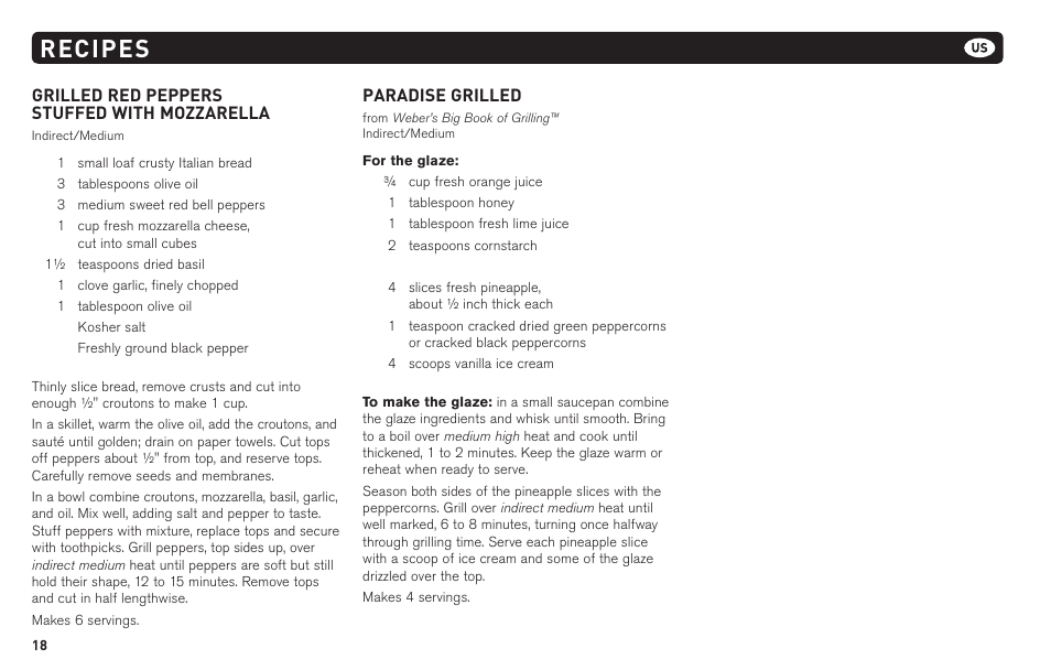 Recipes, Grilled red peppers stuffed with mozzarella, Paradise grilled | weber 62620 User Manual | Page 18 / 48