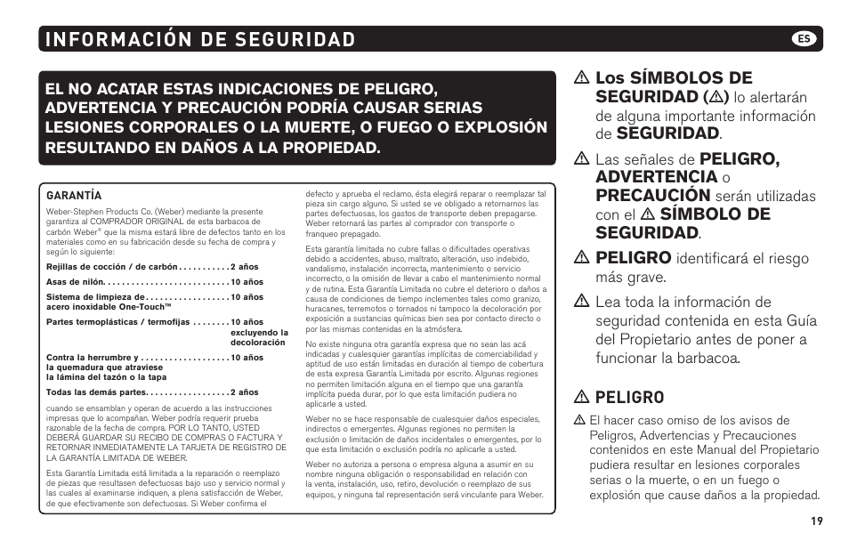Información de seguridad, Los símbolos de seguridad, Seguridad | Peligro, advertencia, Precaución, Símbolo de seguridad, Peligro, M peligro | weber 62620 User Manual | Page 19 / 48