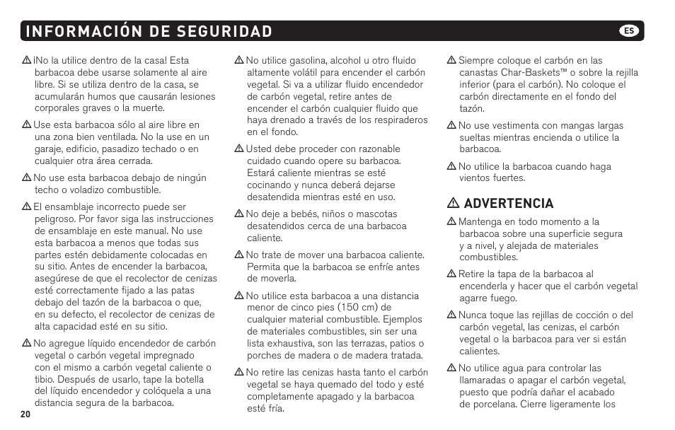 Información de seguridad, M advertencia | weber 62620 User Manual | Page 20 / 48