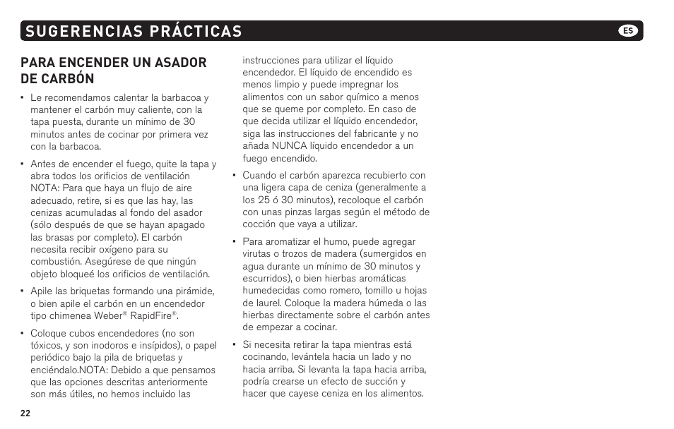 Sugerencias prácticas, Para encender un asador de carbón | weber 62620 User Manual | Page 22 / 48