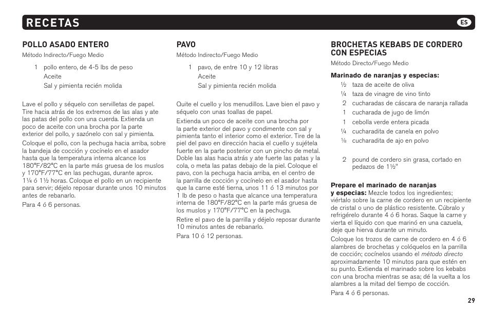 Recetas, Pollo asado entero, Pavo | Brochetas kebabs de cordero con especias | weber 62620 User Manual | Page 29 / 48