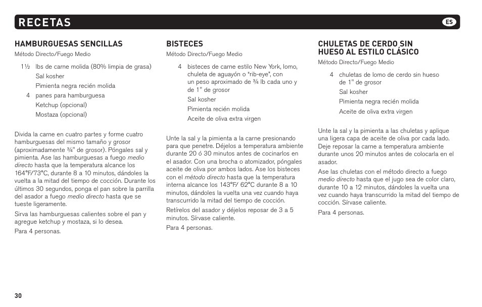 Recetas, Hamburguesas sencillas, Bisteces | Chuletas de cerdo sin hueso al estilo clásico | weber 62620 User Manual | Page 30 / 48