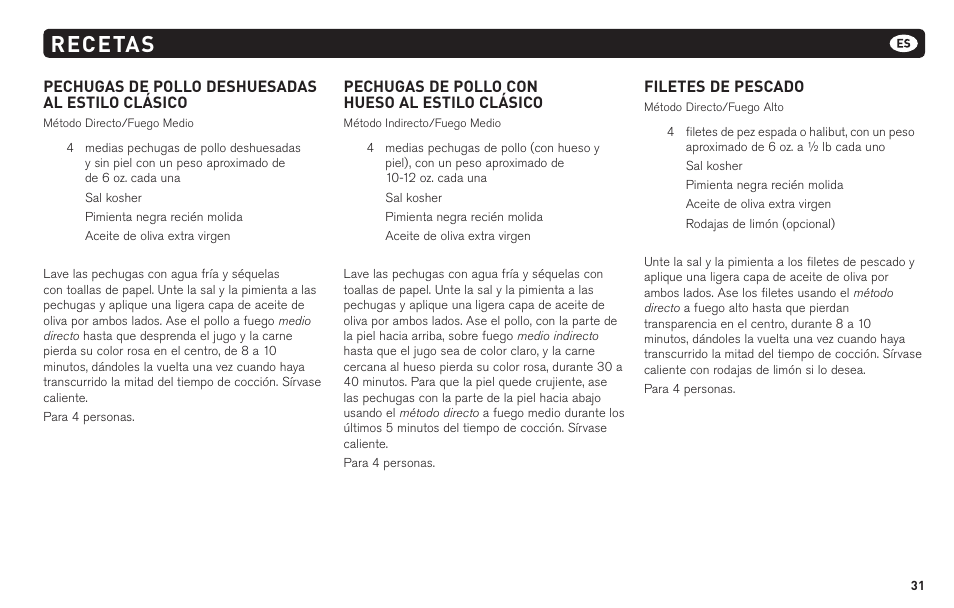 Recetas, Pechugas de pollo deshuesadas al estilo clásico, Pechugas de pollo con hueso al estilo clásico | Filetes de pescado | weber 62620 User Manual | Page 31 / 48