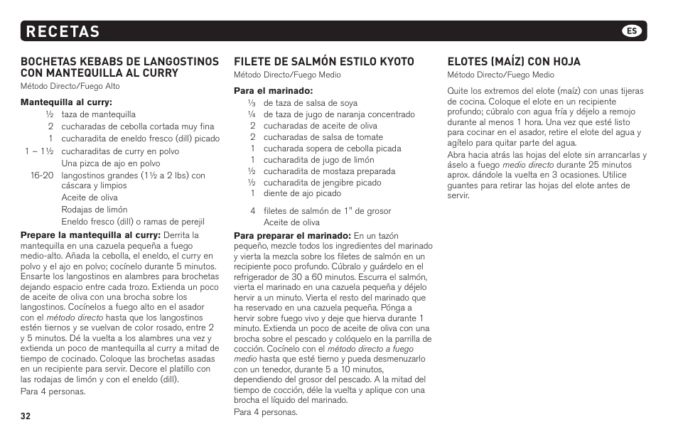 Recetas, Filete de salmón estilo kyoto, Elotes (maíz) con hoja | weber 62620 User Manual | Page 32 / 48