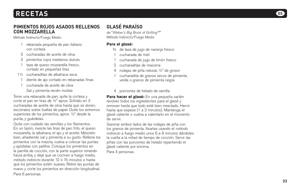 Recetas, Pimientos rojos asados rellenos con mozzarella, Glasé paraíso | weber 62620 User Manual | Page 33 / 48