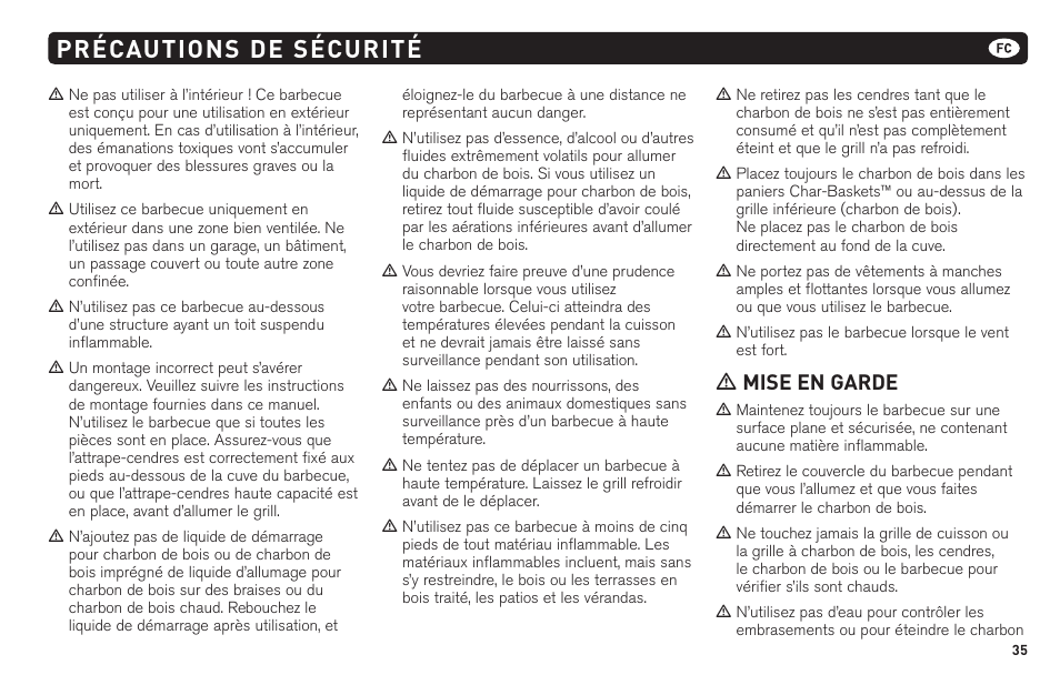 Précautions de sécurité, M mise en garde | weber 62620 User Manual | Page 35 / 48