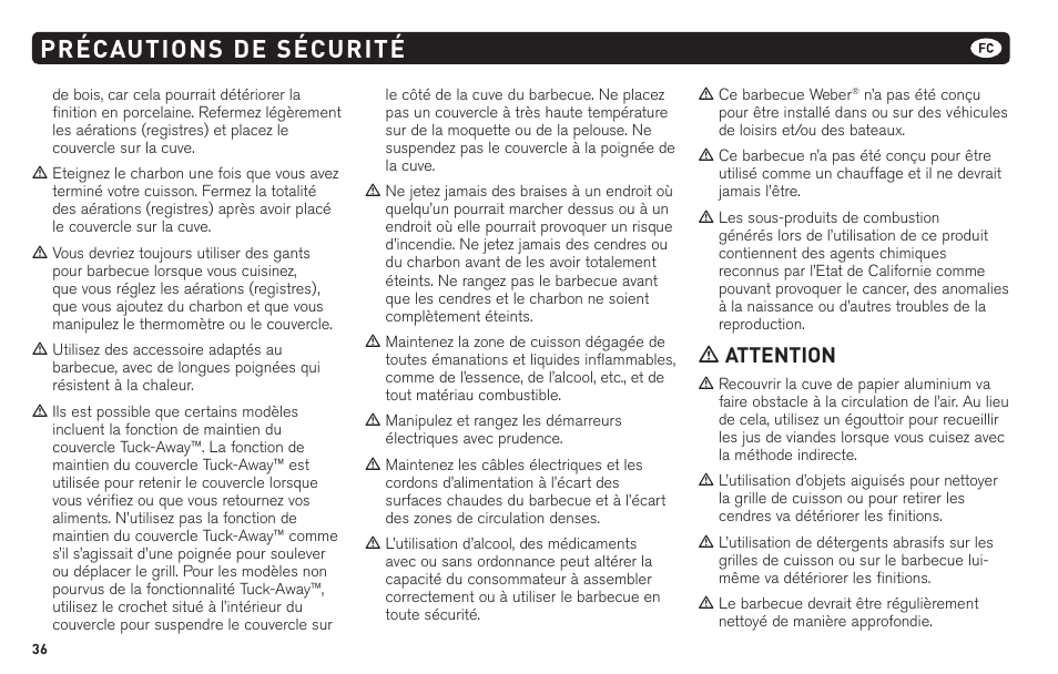 Précautions de sécurité, M attention | weber 62620 User Manual | Page 36 / 48