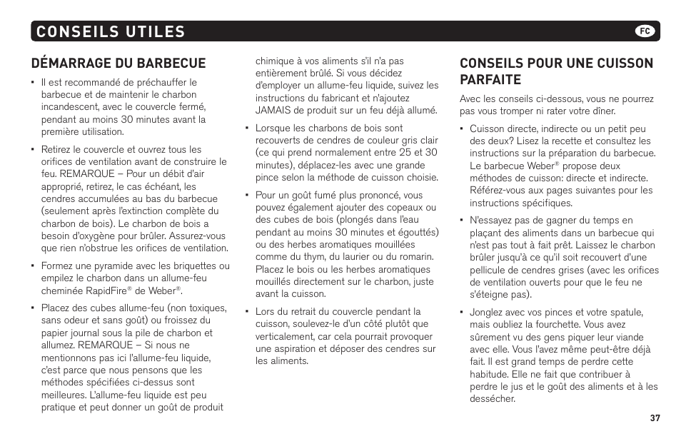 Conseils utiles, Démarrage du barbecue, Conseils pour une cuisson parfaite | weber 62620 User Manual | Page 37 / 48