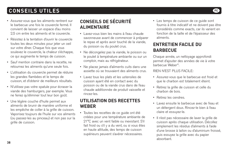 Conseils utiles, Conseils de sécurité alimentaire, Utilisation des recettes weber | Entretien facile du barbecue | weber 62620 User Manual | Page 38 / 48