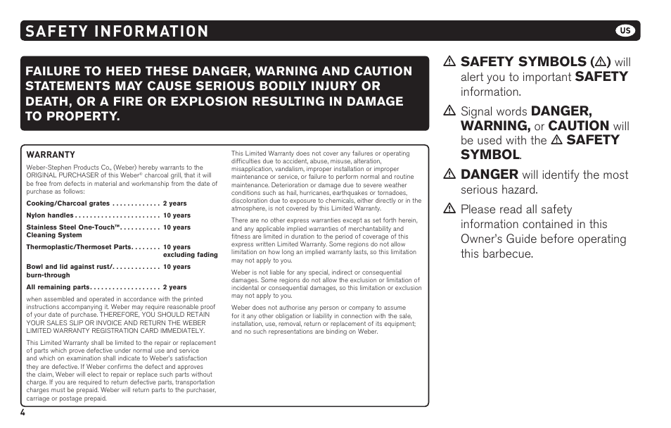Safety information, Safety symbols, Safety | Danger, warning, Caution, Safety symbol, Danger | weber 62620 User Manual | Page 4 / 48