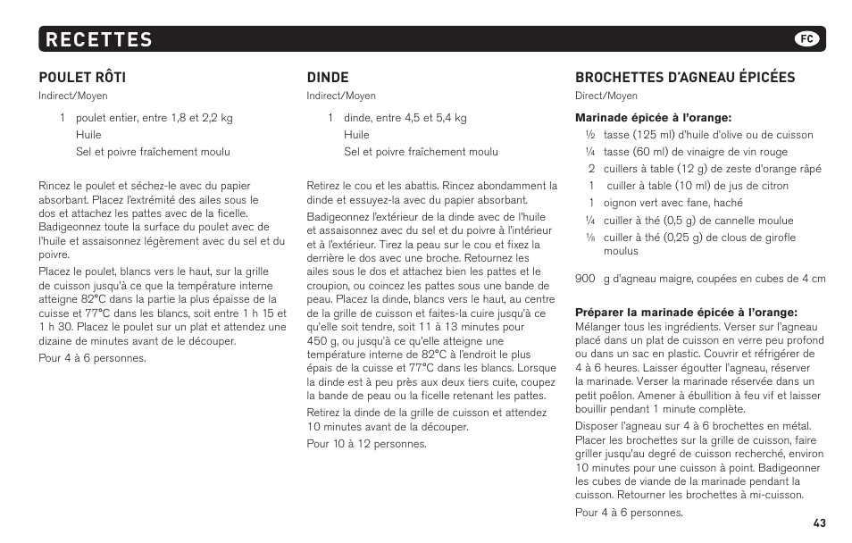 Recettes, Poulet rôti, Dinde | Brochettes d’agneau épicées | weber 62620 User Manual | Page 43 / 48