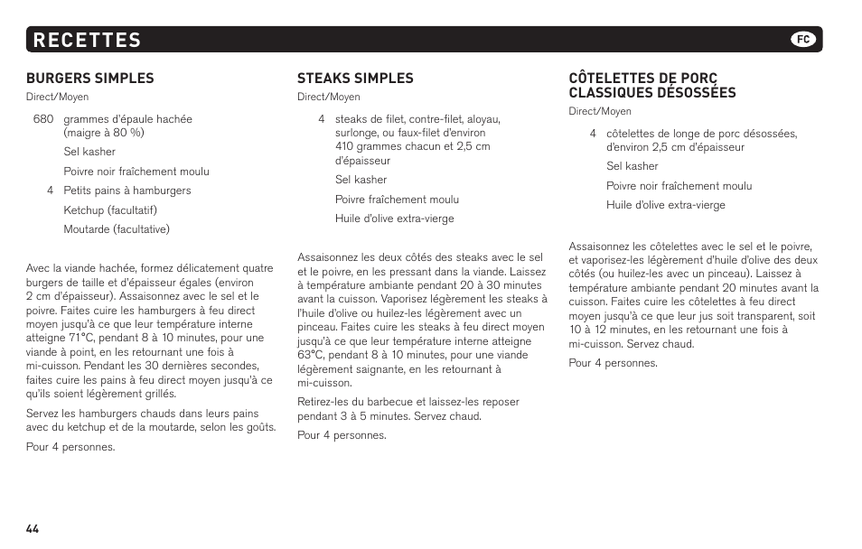 Recettes, Burgers simples, Steaks simples | Côtelettes de porc classiques désossées | weber 62620 User Manual | Page 44 / 48