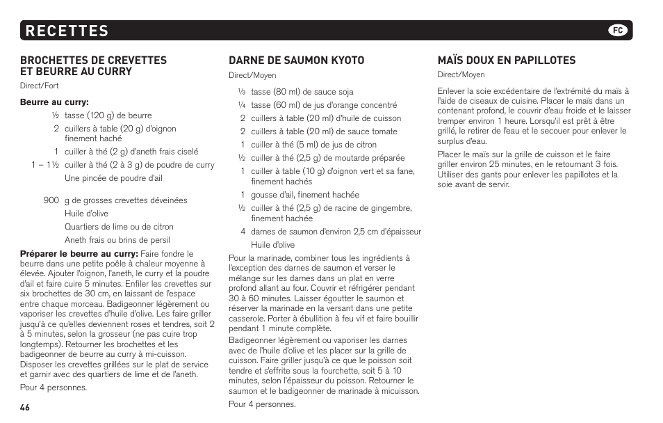 Recettes, Brochettes de crevettes et beurre au curry, Darne de saumon kyoto | Maïs doux en papillotes | weber 62620 User Manual | Page 46 / 48