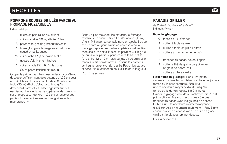 Recettes, Paradis griller | weber 62620 User Manual | Page 47 / 48