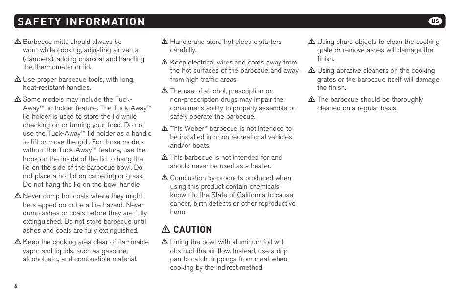 Safety information, M caution | weber 62620 User Manual | Page 6 / 48
