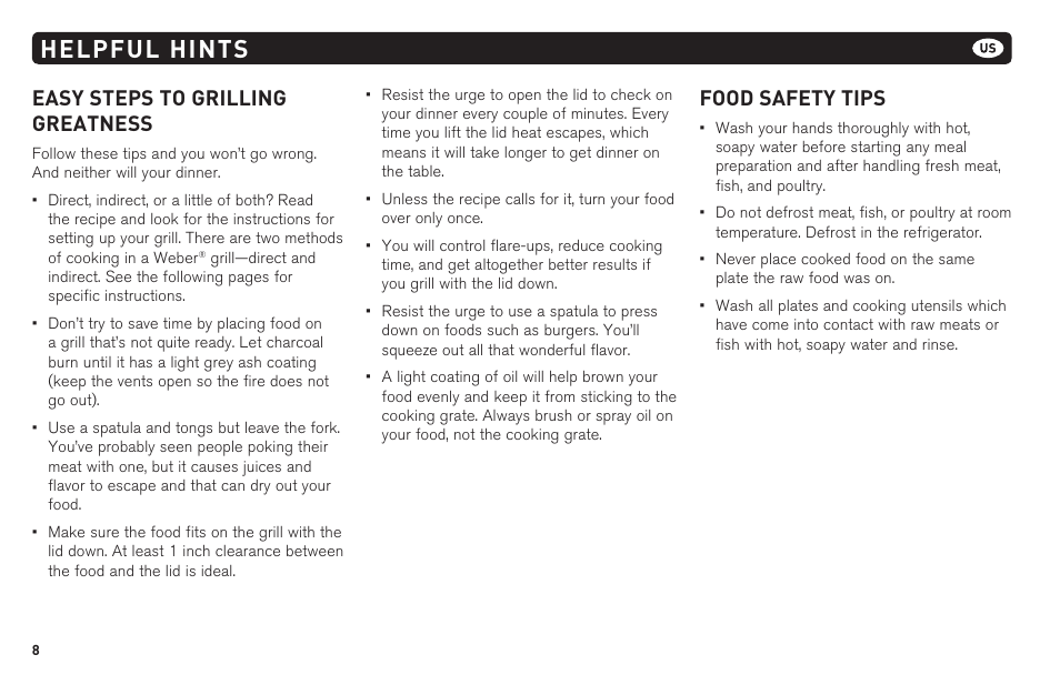 Helpful hints, Easy steps to grilling greatness, Food safety tips | weber 62620 User Manual | Page 8 / 48