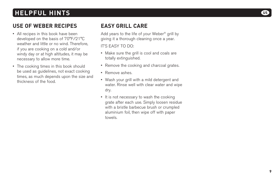 Helpful hints, Use of weber recipes, Easy grill care | weber 62620 User Manual | Page 9 / 48