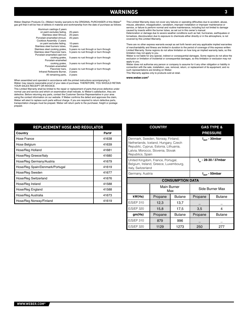 Warnings | weber GENESIS E/S-310/320 User Manual | Page 3 / 20