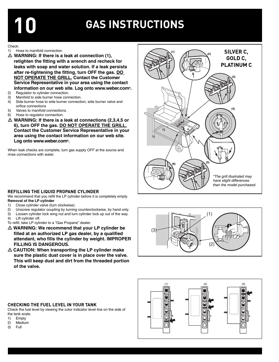 Gas instructions, Silver c, gold c, platinum c | weber 55826 User Manual | Page 10 / 20